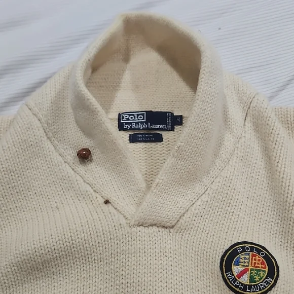 Polo Ralph Lauren Vintage Cookie Cream V-Neck Sweater with Red & Navy Panels